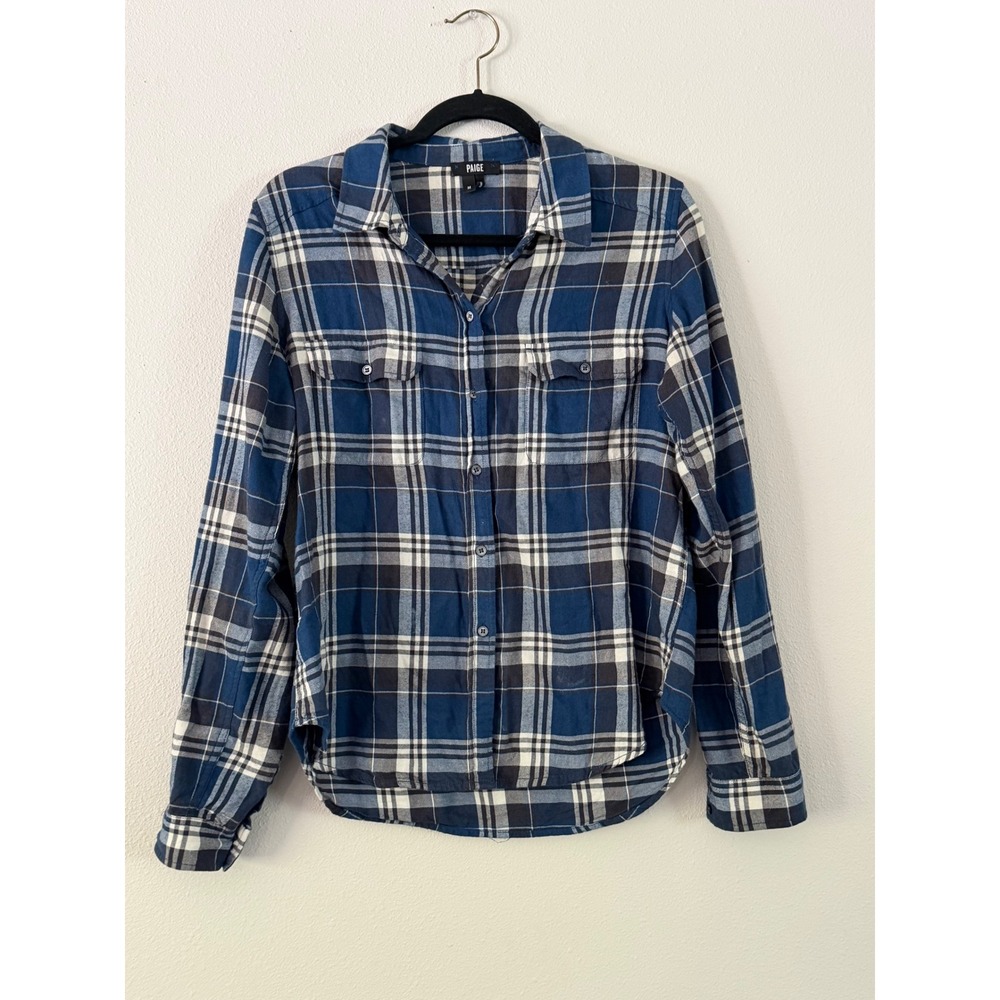 PAIGE Womens Mya Blue White Plaid Cotton Blend Button Down Shirt Size Medium